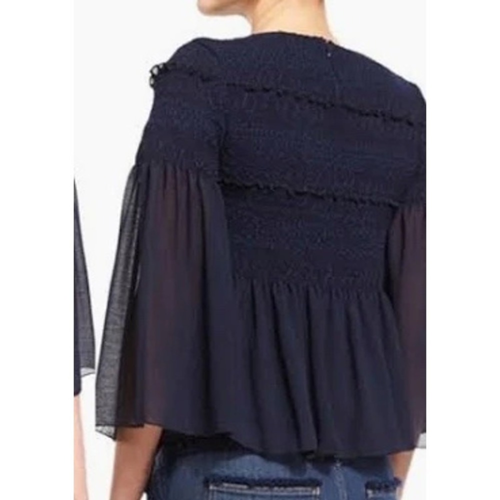 SeeByChloe Dark Navy Blue Smocked Peplum Ruffle Bell Sleeve Top SZ 6 Dainty - Picture 2 of 8